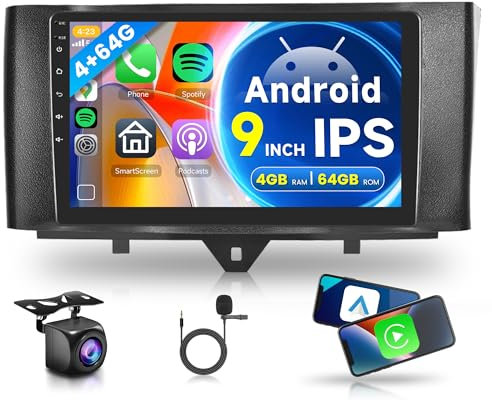 4G+64G Wireless Carplay Android Autoradio 2 Din für Mercedes Benz Smart Fortwo W451 2011-2015 9 Zoll Autoradio mit Android Auto Navi GPS WiFi Mirror Link Bluetooth FM/RDS/32 EQ/USB/SWC Rückfahrkamera