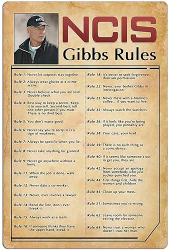 FJQWKLF Retro-Poster-Blechschild, NCIS-Gibbs-Rule, bedruckte Leinwand-Dekoration. Lustige Wanddekoration für Familie, Café, Küche, Badezimmer, Männerhöhle, 30,5 x 40,6 cm