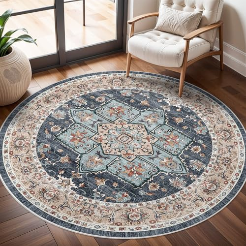 Kleiner runder Teppich, 122 cm, waschbar, mit rutschfester Unterseite | Weicher Niederflor-Teppich für Schlafzimmer, wasserdicht, Blumenmuster, Used-Look, schmutzabweisend, fusselfrei, blau