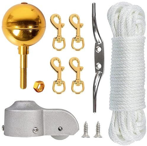 YIZITU Complete Flagpole Pulley Maintenance Systems Accessories Set For 2-2.6inch Poles 50ft Cord Metal Fasteners