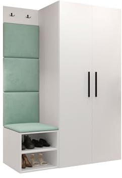 Mirjan24 Garderoben-Set Mapreni IV, Schuhschrank + Kleiderhakenbrett + Kleiderschrank Gepolstertes Paneel/Wandpaneel Kleiderhaken Flurgarderobe Wandgarderobe (Weiß, Manila 11)