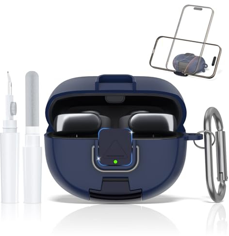 LAKSDIURT for Bose Ultra Open Earbuds Case with Secure Lock & Phone Stand, Soft TPU Shockproof Protective Clear Case for Bose Open Ear Earbuds Accessories with Cleaning Pen & Keychain (Dark Blue)