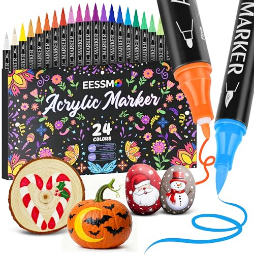 Eessmo 24 Colors Dual Tip Acrylic Paint Markers, Acrylic Paint Pens with Fine Tip and Brush Tip for Rock Painting, Wood, Plastic, Glass, Canvas, Fabric, Pumpkin, DIY Crafts Making Art Supplies