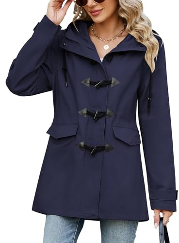 Yuson Girl Jackets for Women UK Lightweight Jacket Transition Women's Coats Cotton Spring Coat Hooded Button Casual Parka Ladies Outdoor Windbreaker with Drawstring for Spring Summer(Navy, M)