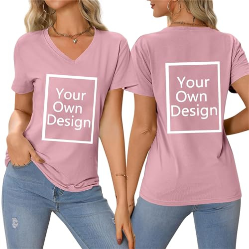 Personalised Tshirts for Women V-Neck Short Sleeve Tops Printed Custom T Shirt Customisable T-Shirt with Photo Tees UK Print Your Own Tee Shirts Front and Back Customised Ladies Tops Pink L