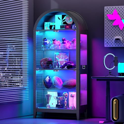 Gewölbtem Vitrine mit Dynamische Beleuchtung,Glasvitrine mit Abschließbare Glastür und Intelligente Sensorik,Curio Vitrine mit verstellbaren Einlegeböden für Wohnzimmer,Trophäen, Spielzeug,Schwarz