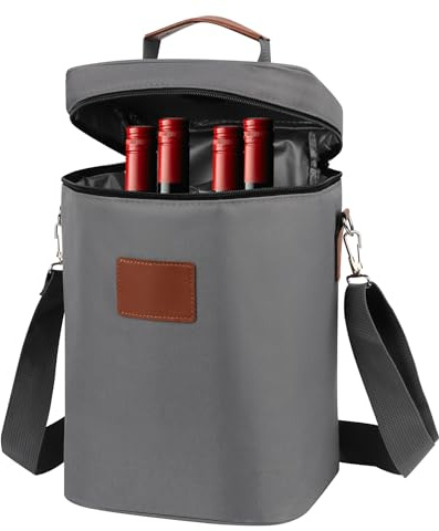 Les-Theresa Wine Carrier Tote Bag, 4 Bottle Wine Cooler Bag with Adjustable Shoulder Strap Insulated Wine Tote Bag, Wine Bottle Carrier for Picnic, Camping and Travel, Perfect Wine Lover Gift (Grey)