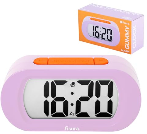 Fisura - Digitaler Wecker Lila und Orange mit LED-Anzeige, moderner Alarmwecker für Schlafzimmer, 12/24-Stunden-Format mit Hintergrundbeleuchtung, kompakt und dekorativ, Betrieb mit 3 AAA Batterien