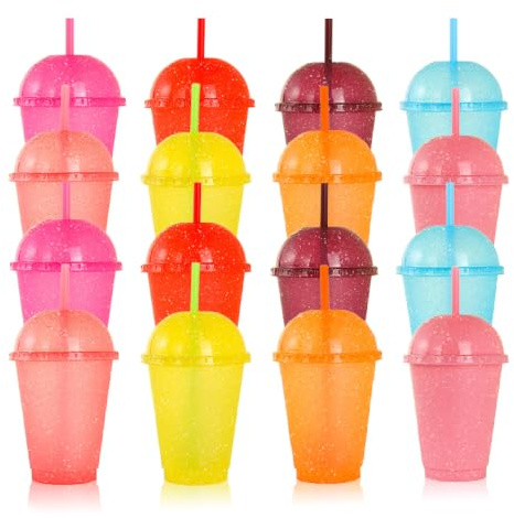 PORFOYO 16 vasos de plástico, 500 ml, vasos coloridos con pajita y tapa, vasos reutilizables, vasos de plástico reutilizables, vasos de purpurina fría para café helado, beber zumo de batidos