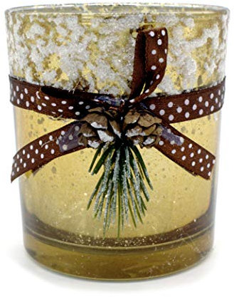 DARO DEKO Teelichthalter aus Glas Gold-braun mit Schnee und Tannen-Zapfen 1 Stück 7 x 8cm