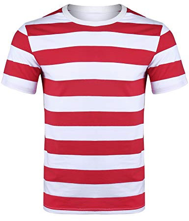 Sykooria Mens Round Neck Wide Striped T-Shirt Red & White Strip Casual Short Sleeve Tops