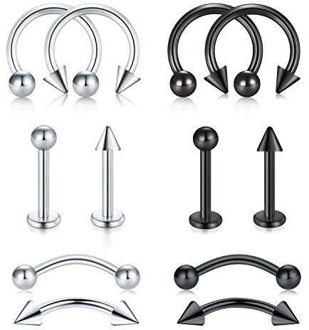 LAURITAMI 12stk 16G Tragus Helix Piercing Schmuck Nase Lippe Augenbraue Ringe 8mm Chirurgenstahl Hufeisen Bananen Barbell Pfeil Kugel