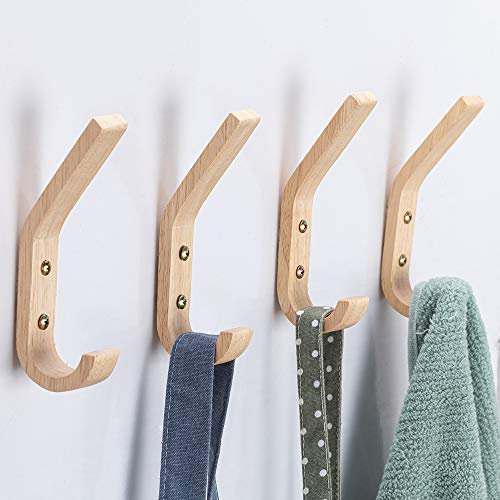Fujinzhu Ganchos de madera para colgar en la pared, ganchos vintage de una sola pared, organizador resistente para colgar toallas y sombreros, paquete de 4 unidades de roble