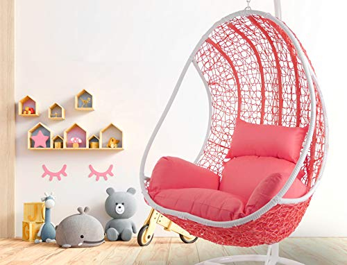 Kideo Komplettset: Pinker Hängesessel mit Gestell & Kissen, Poly-Rattan, Schaukel, Lounge weiß, Coral,