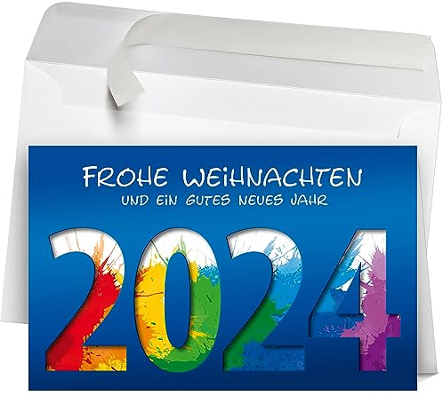 50 Premium Weihnachtskarten mit Umschlag Set für Firmen, hochwertige Klappkarten 19 x 12 cm groß, internationale Weihnachtsgrüße zum Jahr 2025