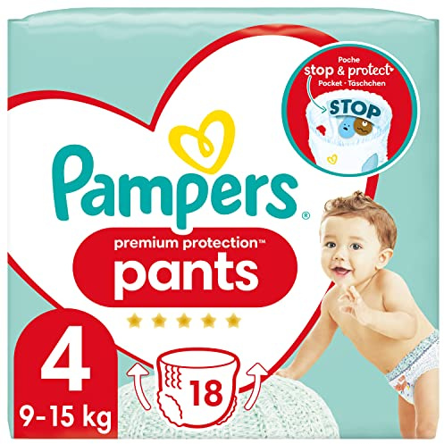 Pampers Baby Windeln Pants Größe 4 (9-15kg) Premium Protection, Maxi, 18 Höschenwindeln, SINGLE PACK, mit Stop- und Schutz Täschchen