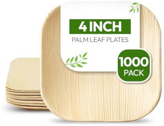 FOOGO Green 1000pcs Disposable Mini Palm Leaf Plates, XSmall 4(10cm) Square, for Sauces and Ketchup Pots, Eco Friendly, Bio Compostable, Like Dip Bowls Wooden Plates, Party Wedding