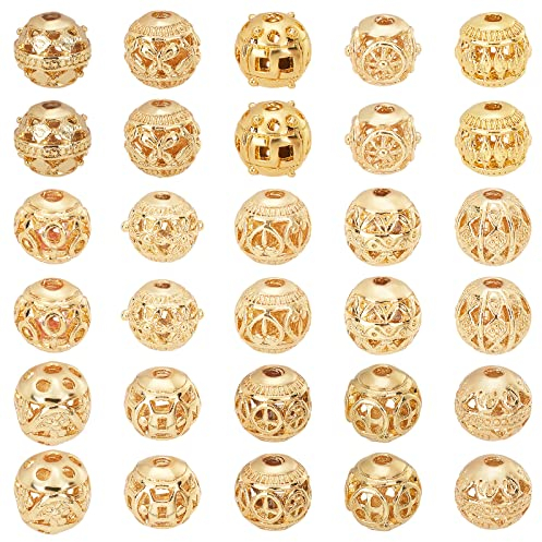 PandaHall 15 Stil 8mm Runde Abstandsperlen, 30 Stück 18K Vergoldete Legierung Hohle Perlen Metall Lose Distanzkugel Perlen für Armband Halskette Schmuckherstellung, Bohrung: 1.5~2mm