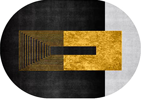Rururug Teppich Oval Moderner Läufer Orientteppich Kurzflor Flur Schlafzimmer Küche Wohnzimmer rutschfest Waschbar,schwarz grau Gold geometrisch,Oval 80 x 150 cm