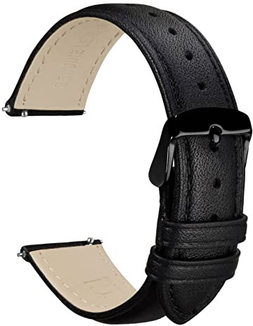 WOCCI 18mm Blumen Uhrenarmband für Damen und Herren, Echtes Leder, Schnellverschluss, Schwarzer Schnalle (Schwarz)