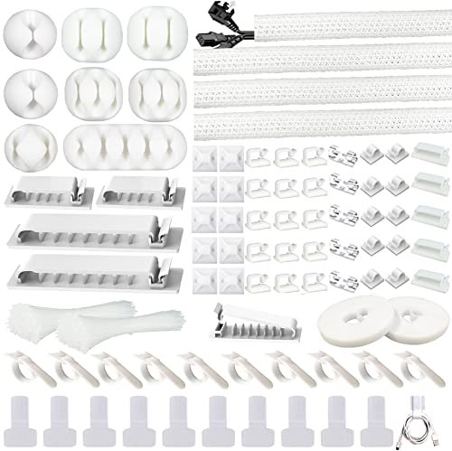 DRIVUU White Cable Management Organizer Kit 4 Cable Sleeve Split,47Cable Clips 12Cord Clips Holder,22 Cable Ties, 20 Adhesive Wall Cable Tie, 200Fasten Cable Ties for TV Office Home Electronics