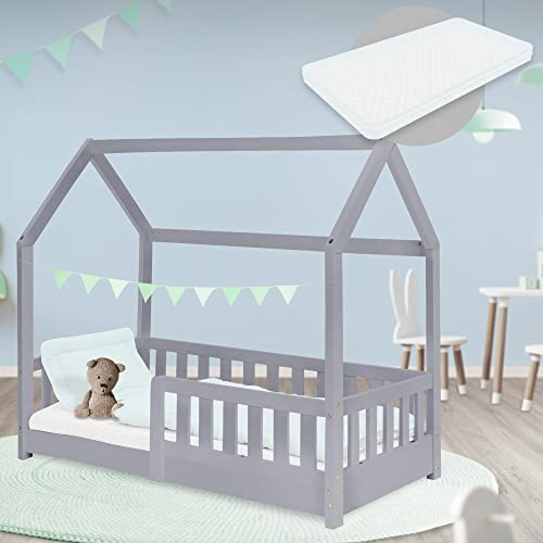 ML-Design Kinderbett 70x140 cm Hellgrau mit Matratze, Rausfallschutz, Dach & Lattenrost, Hausbett für Mädchen und Jungen, Bettenhaus aus Kiefernholz, Spielbett Bodenbett Jugendbett Kinderhaus Holzbett