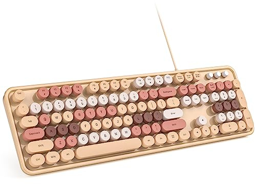 MOWUX Computer Keyboard Wired, Plug Play USB Retro Round Typewriter Keyboard, Full Size Wired Keyboard with Foldable Stands for Laptop and Office PC- Milk Tea Colorful