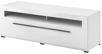 PRICE FACTORY just for you Meuble TV 140cm Collection Breda. Coloris Blanc Mat et Blanc Brillant. Style Design.
