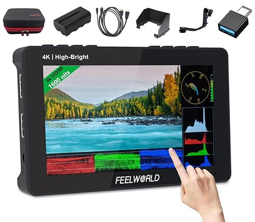 FEELWORLD F6 Pro +Battery +Carry Case 5.5 inch 1600nits Touchscreen DSLR Kamera Field Monitor with 3D LUT F970 External Kit Install for Power Wireless Transmission FHD 1920x1080 4K HDMI