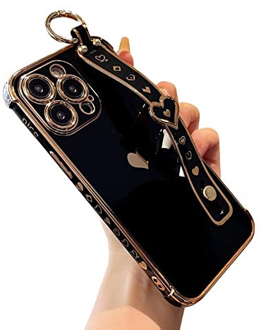 DEFBSC for iPhone 15 Pro Max Case with Wrist Strap, Cute Side Love Heart Plating Edge Phone Case with Heart Pattern Wristband Finger Holder Stand Soft TPU Bumper Shockproof Protective Case - Black
