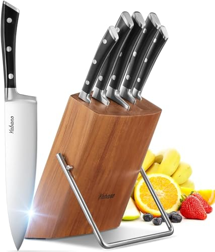 Yabano Messerblock, 6-teilig Messerblock Set mit Messer, Scharf Messerset mit Holzblock, Profi Edelstahl Kochmesser Set