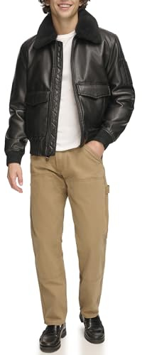 Tommy Hilfiger Herren Bomberjacke aus Kunstleder Kunstlederjacke, Schwarzer Kunstfellkragen, L