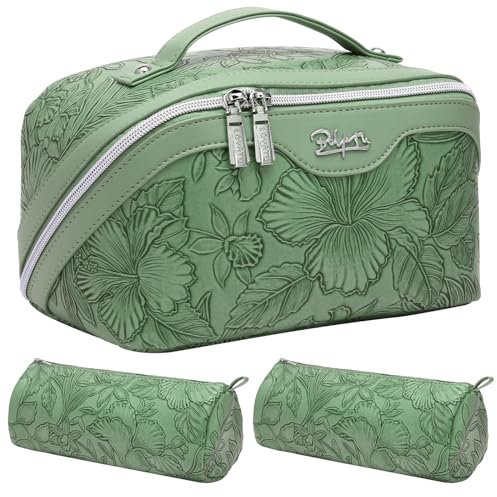 BOYATU Kosmetiktasche: 3er-Set, große Kapazität, Kulturbeutel aus PU-Leder für Damen, Make-up-Tasche mit Trennwand und Griff, 03-Grün-2, Reise-Make-up-Tasche