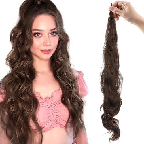 Flexibler Wickel Um Pferdeschwanz, 32 Zoll /81 cm Ponytail Extension, Gewelltes Pferdeschwanz Haarteil, Realistisches Lange Haarverlängerung für Frauen Alltägliches Dating Valentinstag (Hellbraun)