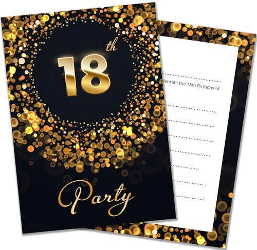 Olivia Samuel Party-Einladungen zum 18. Geburtstag, mit Umschlägen, fertig zum Schreiben, Schwarz und Goldeffekt, entworfen und gedruckt in Großbritannien, 20 Stück