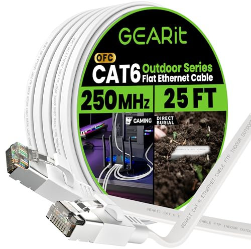 GEARit Cat 6 Outdoor Flat Ethernet Cable (25ft, White) Direct Burial Rated LLDPE Jacket - Indoor Cat6 Shielded FTP 10Gbps High Speed Gaming Computer Network RJ45 Snagless Patch Cord Internet