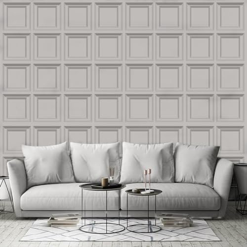 Snewvie 3D Wood Effect Wallpaper Wooden Panel Frame Realistic Textured Retro Embossed Cream Tartan Wallpaper for Living Room Feature Wall Bedroom,6 Roll
