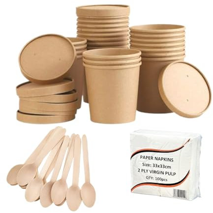 HOT BARGAINS 100 X 12oz Disposable Soup Cups with Lids + 100 Spoon + 100 Paper Napkins for Takeaway Eco-Friendly (12oz)