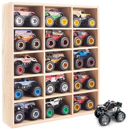 Holz-Monster-Trucks-Vitrine, 15 Fächer, Organizer für Monster-Trucks, abnehmbare Regale, Wandmontage mit hängenden Schrauben im Lieferumfang enthalten (Holz)