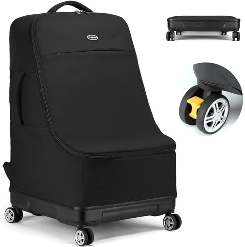 TUGUAN Autositz Reisetasche für Flugzeug mit Rollen, Faltbare Kindersitz Transporttasche Robuste Kinderautositz Rucksack mit Hartem Boden & Schultergurten für Autokindersitze und Kinderwägen, Schwarz
