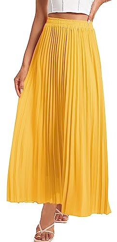 Yanhalo Damen-Faltenrock, hohe Taille, elastisch, Stretch, lang, knöchellang, schwingend, A-Linie, Strand, Maxirock, gelb, M
