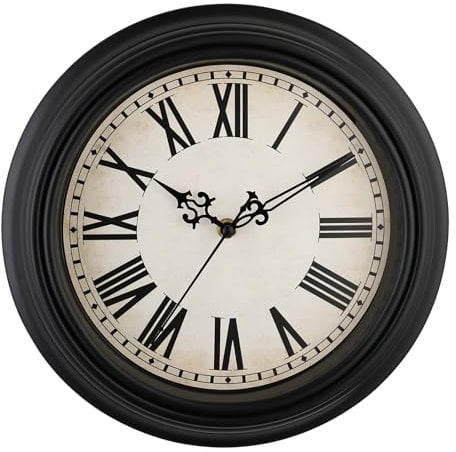 Plumeet Extra Große Wanduhr Klassisch 40.6cm, Ruhige Retro Uhr Ohne Tickgeräusche für Wohnzimmer, Schlafzimmer, Mit Römischen Ziffern, Schwarz