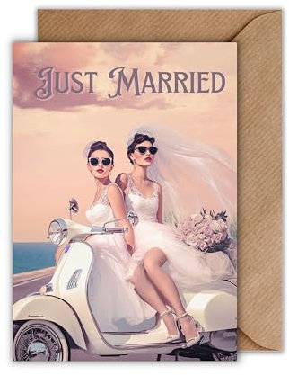 WBdesignz Queer Hochzeit Karte mit Umschlag - Just Married Glückwunschkarte zur Trauung für Frauen Retro Scooter Ozean Meer Brautpaar Gay Liebe Verlobung Hochzeitskarte LGBTQ+ (DIN A6)
