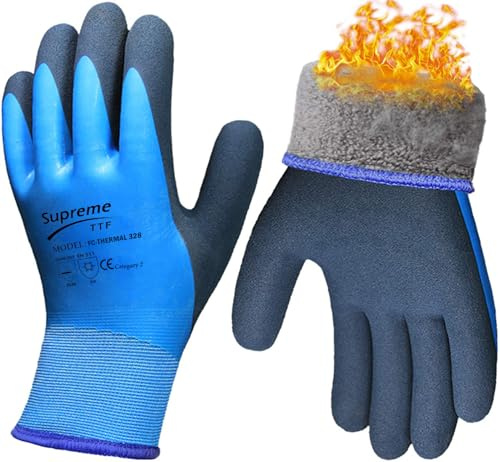 SupremeTTF 2 Pairs Waterproof Thermal Winter Work Gloves Polar Fleece Liner Superior Grip Double Latex Coating for Garden Logistics Warehousing in Cold Weather Outdoor Activities (Large-9)