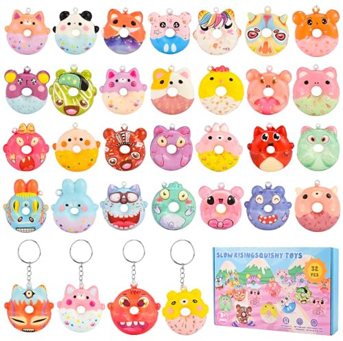 Tigvio 32 Stück Squishies Spielzeug Krapfen Squishy Set, Anti Stress Spielzeug Niedlich Geschmeidigkeit Squishy Toy mit Metall Schlüsselanhänger für Mitbringsel Kindergeburtstag ab 3 Jahre