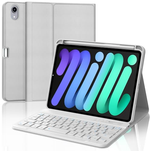 WINCHKING Coque Clavier pour iPad Mini 7 2024, AZERTY Français Housse Clavier Bluetooth Magnétique Détachable pour Tablette iPad Mini 8,3 Pouces 7 2024/ Mini 6 2021, Gris