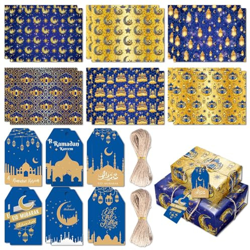 WYRGQIQN Eid Mubarak Geschenkpapier Aufbewahrung Eid Mubarak, 12 Hochwertige, Wiederverwendbare Geschenkpapier und Dekorative Hängende TagsGeschenkpapier Ramadan Geschenkpapier,
