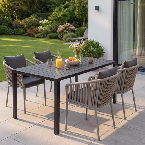 Mendler Gartengarnitur HWC-N41 Tisch+4xStuhl - grau, Kissen dunkelgrau | wetterfest, Seilgeflecht, Rope, Alu, 140x80cm