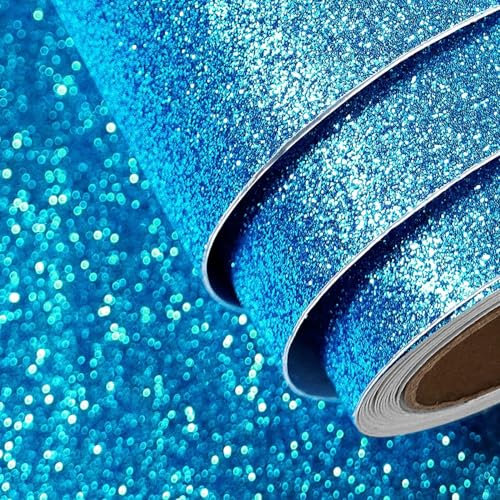 FunStick Blue Glitter Self Adhesive Wallpaper Decorative Vinyl Wrap for Kitchen Cupboards DIY Crafts Peel and Stick Wallpaper Glitter Ocean Blue Sticky Back Plastic for Walls Shelves Bedroom 40CM×2M