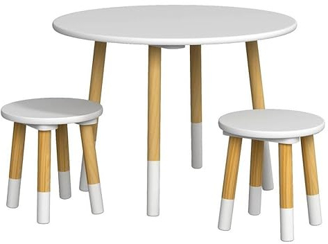 URBNLIVING Kids Wooden Round White Table With 2 Chair Set Toddler Activity Set for Small Children, Boys & Girls, Natural Wood, Playroom or Bedroom Furniture, Perfect for Christmas or Birthday Gift